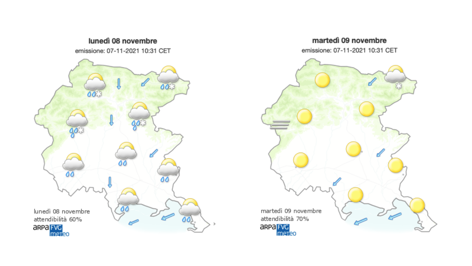 Meteo, cielo nuvoloso sul Fvg con pioggia e Bora 